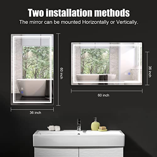 BBE 60x36 Inch LED Bathroom Mirror Wall-Mounted Anti-Fog Makeup Mirror with Dimmable Light and Touch Button(Horizontal/Vertical)