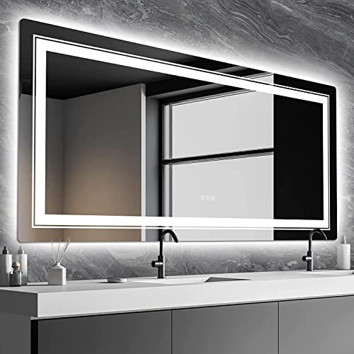 WTTY Led Bathroom Mirror 72 x 36 Inch, Front and Backlit Led Mirror, Anti-Fog, Dimmable Vanity Mirror with Lights, Touch Control 3 Colors Adjusted, Memory, Lighted Mirrors for Bathroom Wall