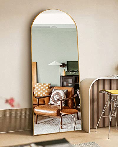 Otlsh Floor Mirror, Arched Full Length Mirror with Stand, Standing Mirror, 64.17"x21.26" Full Body Mirror, Large Mirror, Wall Mirror, Freestanding, Wall Mounted, Aluminum Frame - Gold