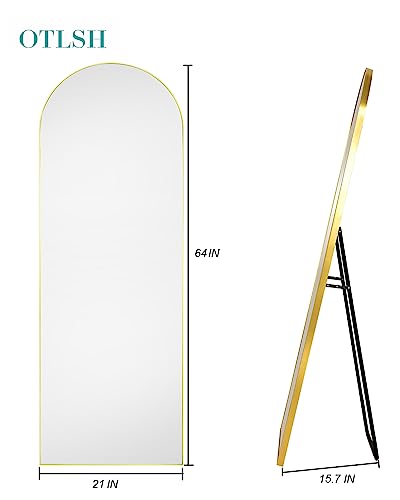 Otlsh Floor Mirror, Arched Full Length Mirror with Stand, Standing Mirror, 64.17"x21.26" Full Body Mirror, Large Mirror, Wall Mirror, Freestanding, Wall Mounted, Aluminum Frame - Gold