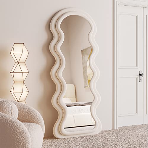 BOJOY Full Length Mirror 63"x24", Irregular Wavy Mirror, Wave Arched Floor Wall Standing Hanging or Leaning Against for Bedroom, Flannel Wrapped Wooden Frame Mirror-White