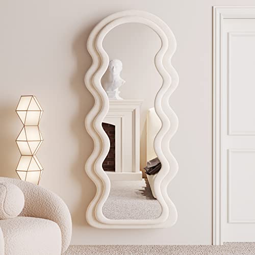 BOJOY Full Length Mirror 63"x24", Irregular Wavy Mirror, Wave Arched Floor Wall Standing Hanging or Leaning Against for Bedroom, Flannel Wrapped Wooden Frame Mirror-White