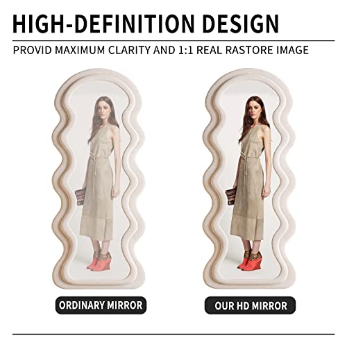 BOJOY Full Length Mirror 63"x24", Irregular Wavy Mirror, Wave Arched Floor Wall Standing Hanging or Leaning Against for Bedroom, Flannel Wrapped Wooden Frame Mirror-White