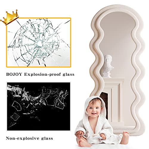 BOJOY Full Length Mirror 63"x24", Irregular Wavy Mirror, Wave Arched Floor Wall Standing Hanging or Leaning Against for Bedroom, Flannel Wrapped Wooden Frame Mirror-White