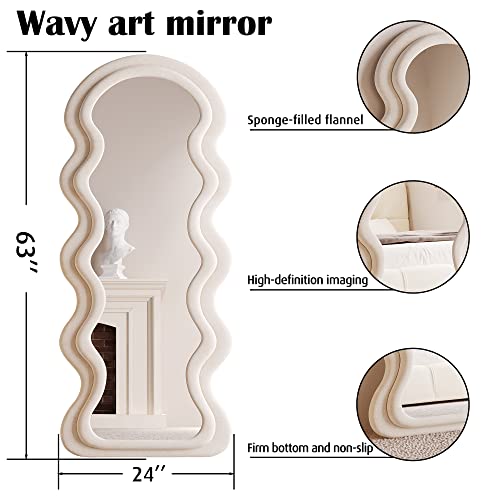 BOJOY Full Length Mirror 63"x24", Irregular Wavy Mirror, Wave Arched Floor Wall Standing Hanging or Leaning Against for Bedroom, Flannel Wrapped Wooden Frame Mirror-White