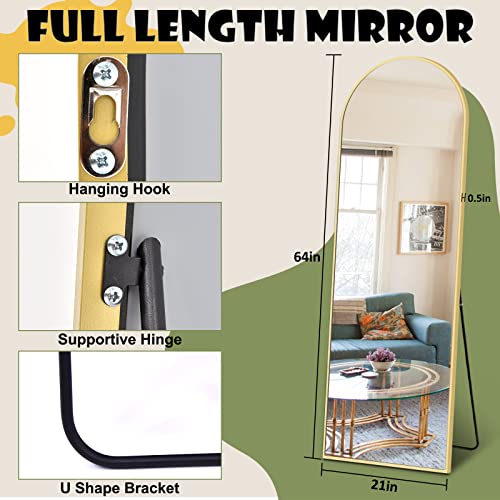NISHCON Arched Full Length Mirror 64"x21", Gold Aluminum Frame Floor Mirror with Stand, Free Standing or Wall Mounted or Leaning Against Wall Body Mirror as A Dressing Mirror, Vanity Mirror