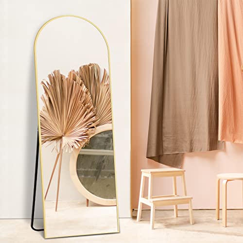 NISHCON Arched Full Length Mirror 64"x21", Gold Aluminum Frame Floor Mirror with Stand, Free Standing or Wall Mounted or Leaning Against Wall Body Mirror as A Dressing Mirror, Vanity Mirror