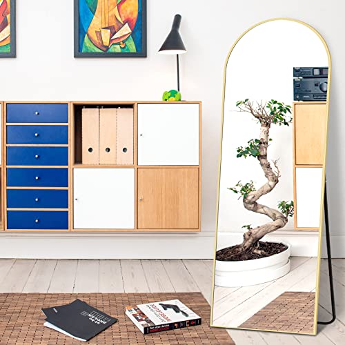 NISHCON Arched Full Length Mirror 64"x21", Gold Aluminum Frame Floor Mirror with Stand, Free Standing or Wall Mounted or Leaning Against Wall Body Mirror as A Dressing Mirror, Vanity Mirror