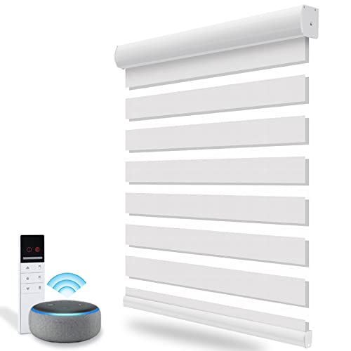ACMEART Motorized Zebra Blinds with Remote,Semi-Blackout Dual Layer Horizontal Window Blinds Shades for Home Office,Customized Size (Pure White)