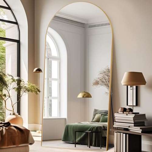 ABSWHLM Arched Full Length Mirror 71"x32" with Stand Aluminum Alloy Frame Floor Large Mirror for Living Room, Bedroom Hanging Standing or Leaning Wall-Mounted, Gold