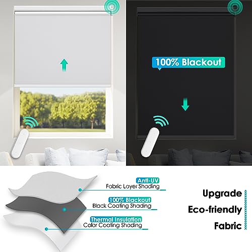 Allesin Motorized Roller Blinds with Remote Control for Windows, Blackout Smart Roller Shade, Battery Powered Electric Smart Blind (White,34" Wx72 H)