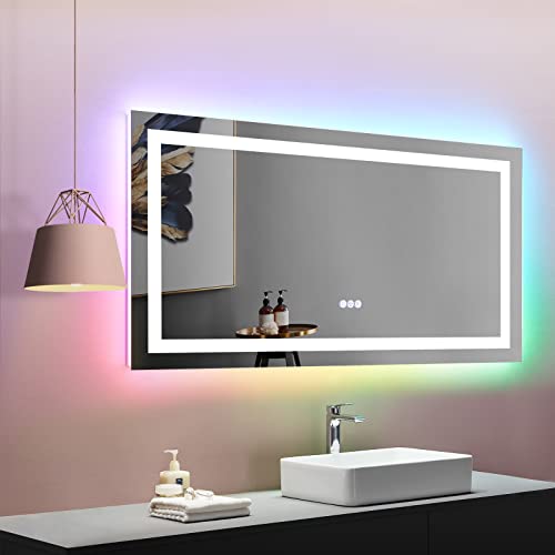 LOAAO 55X30 Inch RGB LED Bathroom Mirror with Lights, Anti-Fog, Dimmable Lighted Bathroom Vanity Mirror, Colorful Multiple Light Modes, RGB Backlit + Front Light, Memory Function