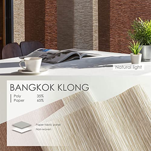 GoDear Design Deluxe Adjustable Sliding Panel Window Blind 45.8"- 86" W x 96" H, Extendable 4-Rail Track Vertical Blind for Slider Window and Patio Door, Trimmable Natural Woven Fabric, Bangkok Klong