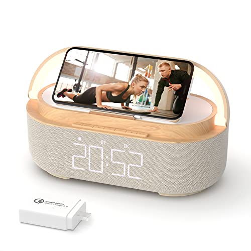 COLSUR 【2023 Newest Bluetooth Speaker with Digital Alarm Clock, Wireless Charger, FM Clock Radio, Adjustable LED Night Light, Dual Wireless Speakers,2500mAh Battery for Bedroom,Home, Adaptor (Wooden)