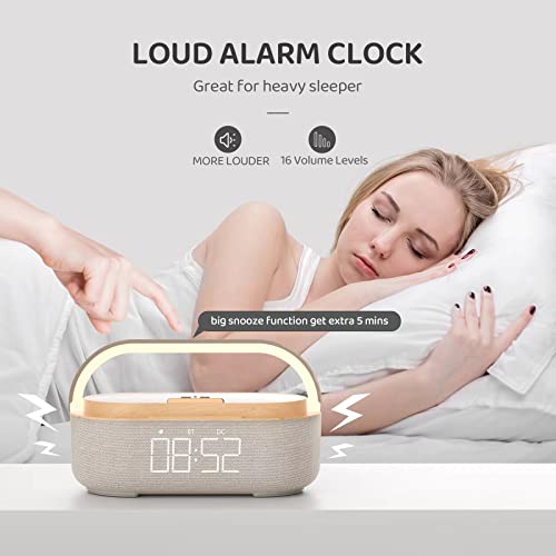 COLSUR 【2023 Newest Bluetooth Speaker with Digital Alarm Clock, Wireless Charger, FM Clock Radio, Adjustable LED Night Light, Dual Wireless Speakers,2500mAh Battery for Bedroom,Home, Adaptor (Wooden)