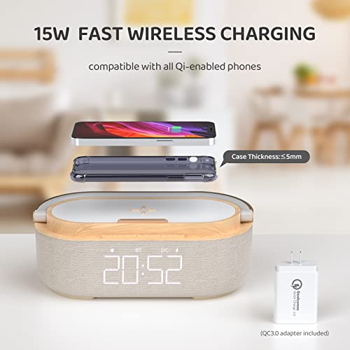 COLSUR 【2023 Newest Bluetooth Speaker with Digital Alarm Clock, Wireless Charger, FM Clock Radio, Adjustable LED Night Light, Dual Wireless Speakers,2500mAh Battery for Bedroom,Home, Adaptor (Wooden)