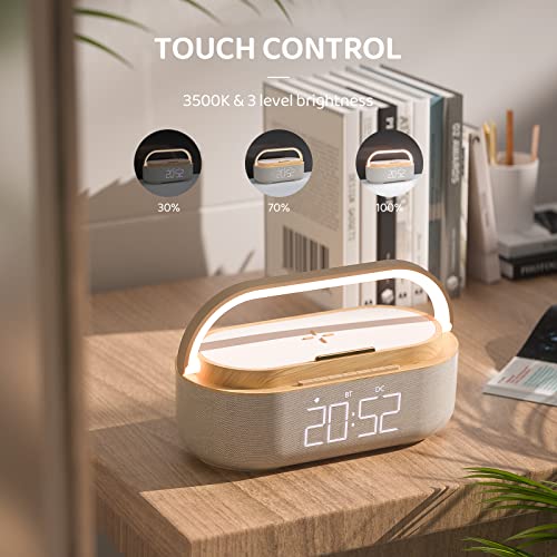 COLSUR 【2023 Newest Bluetooth Speaker with Digital Alarm Clock, Wireless Charger, FM Clock Radio, Adjustable LED Night Light, Dual Wireless Speakers,2500mAh Battery for Bedroom,Home, Adaptor (Wooden)