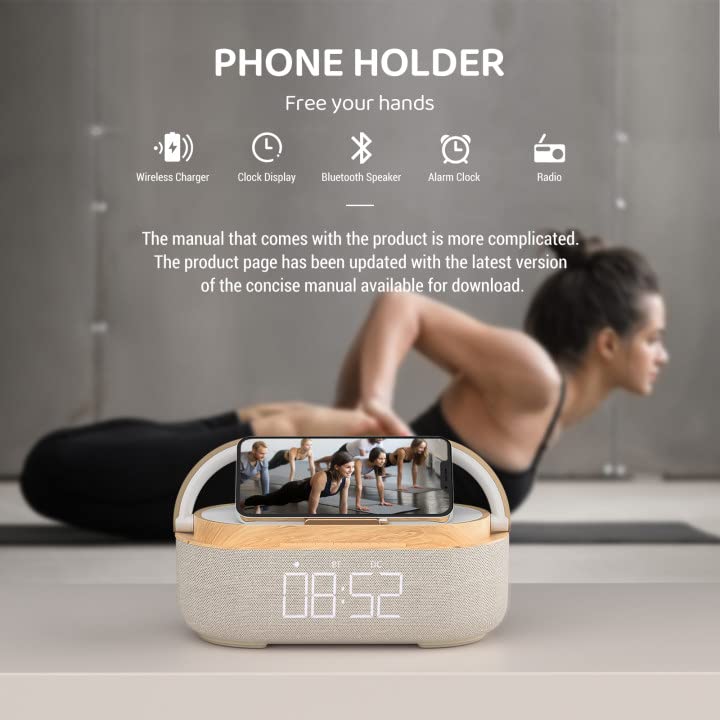 COLSUR 【2023 Newest Bluetooth Speaker with Digital Alarm Clock, Wireless Charger, FM Clock Radio, Adjustable LED Night Light, Dual Wireless Speakers,2500mAh Battery for Bedroom,Home, Adaptor (Wooden)