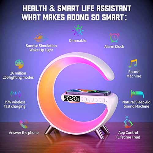 ADONG Sound Machine Smart Light Sunrise Alarm Clock Wake Up Light Alarm Clocks for Bedrooms Dimmable Table Lamp with Fast Wireless Charger Alarm Clock for Heavy Sleepers Adults for Bedroom,Dorm,Gift