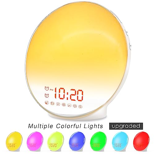 Wake Up Light Sunrise Alarm Clock for Kids, Heavy Sleepers, Bedroom, with Sunrise Simulation, Fall Asleep, Dual Alarms, FM Radio, Snooze, Nightlight, Colorful Lights, 7 Natural Sounds, Ideal for Gift