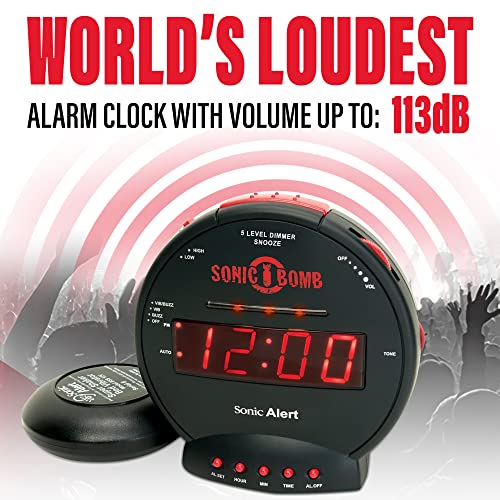 Sonic Bomb Dual Extra Loud Alarm Clock with Bed Shaker, Black | Sonic Alert Vibrating, Heavy Sleepers, Battery Backup | Wake with a Shake