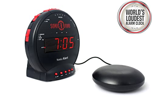 Sonic Bomb Dual Extra Loud Alarm Clock with Bed Shaker, Black | Sonic Alert Vibrating, Heavy Sleepers, Battery Backup | Wake with a Shake