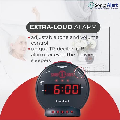 Sonic Bomb Dual Extra Loud Alarm Clock with Bed Shaker, Black | Sonic Alert Vibrating, Heavy Sleepers, Battery Backup | Wake with a Shake