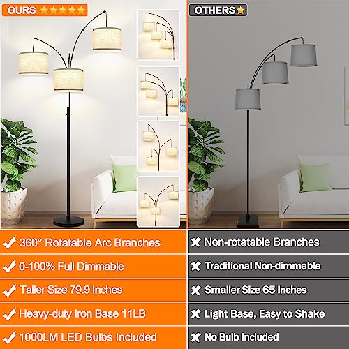 Dimmable Floor Lamp - 3 Lights Arc Lamps for Living Room, 1000LM Modern Tall Standing With Beige Shades & Heavy Base, Mid Century Tree Bedroom Office, LED Bulbs Included