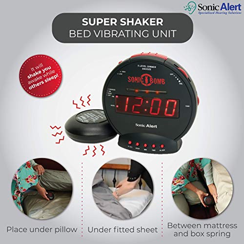 Sonic Bomb Dual Extra Loud Alarm Clock with Bed Shaker, Black | Sonic Alert Vibrating, Heavy Sleepers, Battery Backup | Wake with a Shake