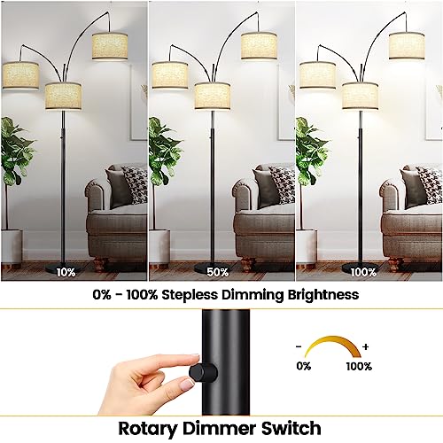 Dimmable Floor Lamp - 3 Lights Arc Lamps for Living Room, 1000LM Modern Tall Standing With Beige Shades & Heavy Base, Mid Century Tree Bedroom Office, LED Bulbs Included
