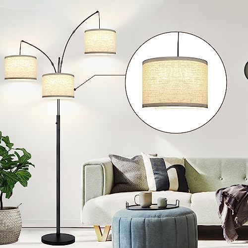 Dimmable Floor Lamp - 3 Lights Arc Lamps for Living Room, 1000LM Modern Tall Standing With Beige Shades & Heavy Base, Mid Century Tree Bedroom Office, LED Bulbs Included