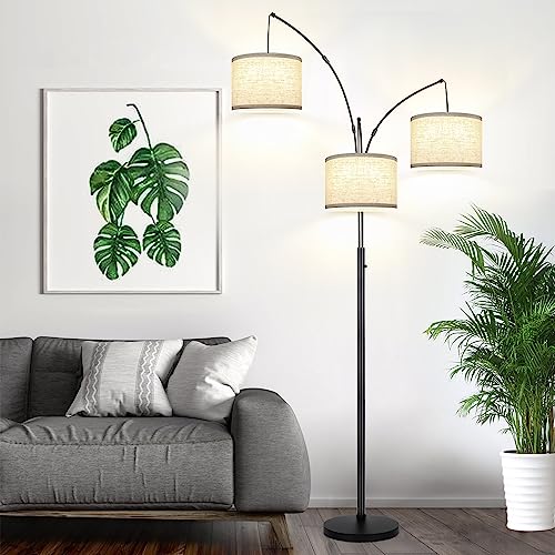 Dimmable Floor Lamp - 3 Lights Arc Lamps for Living Room, 1000LM Modern Tall Standing With Beige Shades & Heavy Base, Mid Century Tree Bedroom Office, LED Bulbs Included