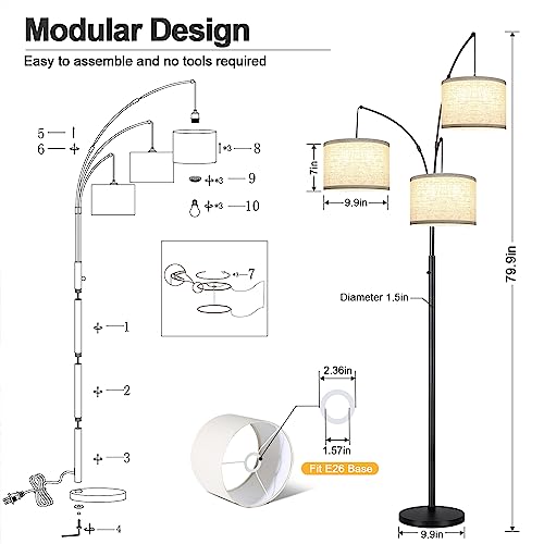 Dimmable Floor Lamp - 3 Lights Arc Lamps for Living Room, 1000LM Modern Tall Standing With Beige Shades & Heavy Base, Mid Century Tree Bedroom Office, LED Bulbs Included