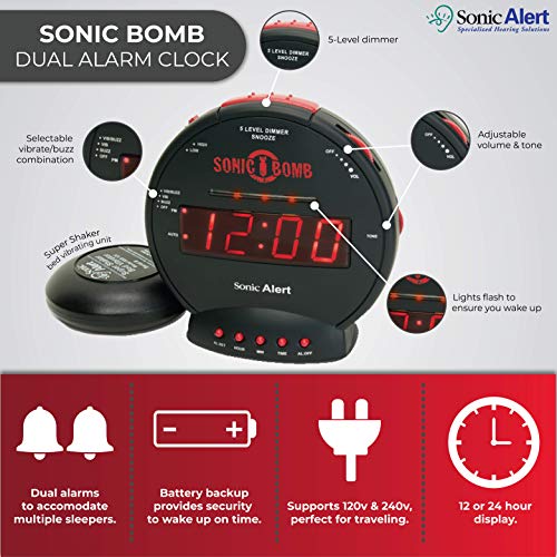 Sonic Bomb Dual Extra Loud Alarm Clock with Bed Shaker, Black | Sonic Alert Vibrating, Heavy Sleepers, Battery Backup | Wake with a Shake