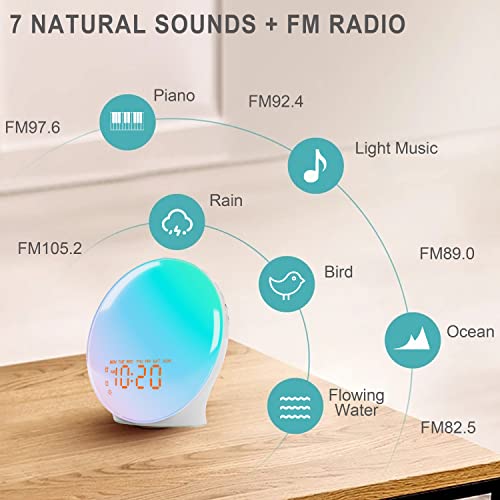 Wake Up Light Sunrise Alarm Clock for Kids, Heavy Sleepers, Bedroom, Upgraded Full Screen with Sunrise Simulation, Sleep Aid, Dual Alarms, FM Radio, Nightlight, 14 Colors, 7 Sounds, Ideal for Gift