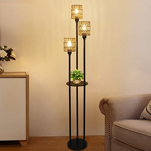 Stepeak Boho Floor Lamp, 3-Lights Rattan Floor Lamp with Shelves, Farmhouse Floor Lamp with ON/OFF Foot Switch, Rustic Standing Lamp with Rattan Shades, Tall Floor Lamps for Living Room Bedroom Office
