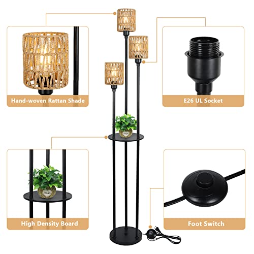 Stepeak Boho Floor Lamp, 3-Lights Rattan Floor Lamp with Shelves, Farmhouse Floor Lamp with ON/OFF Foot Switch, Rustic Standing Lamp with Rattan Shades, Tall Floor Lamps for Living Room Bedroom Office