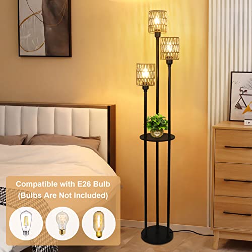 Stepeak Boho Floor Lamp, 3-Lights Rattan Floor Lamp with Shelves, Farmhouse Floor Lamp with ON/OFF Foot Switch, Rustic Standing Lamp with Rattan Shades, Tall Floor Lamps for Living Room Bedroom Office