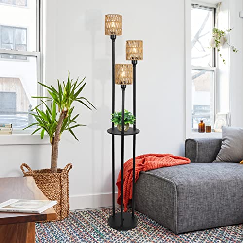 Stepeak Boho Floor Lamp, 3-Lights Rattan Floor Lamp with Shelves, Farmhouse Floor Lamp with ON/OFF Foot Switch, Rustic Standing Lamp with Rattan Shades, Tall Floor Lamps for Living Room Bedroom Office