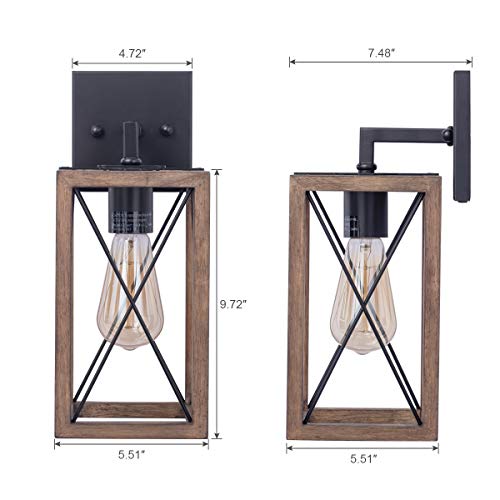 VILUXY Wood Wall Sconces Retro Industrial Rectangle Bedside Wall Sconce Plug-in Cord with Switch Lighting Fixture Black Wall Lamp for Bedroom, Hallway, Entryway, Passway, Dining Room 2 Pack