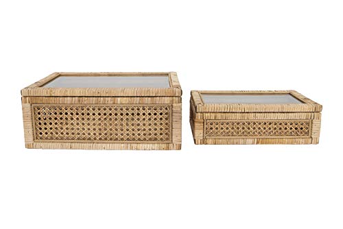 Creative Co-Op Cane and Rattan Display Boxes with Glass Lid, Set of 2