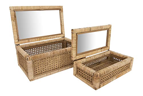 Creative Co-Op Cane and Rattan Display Boxes with Glass Lid, Set of 2