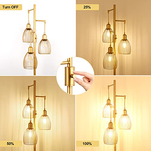 Dimmable Industrial Floor Lamps for Living Room, Gold Tree Standing Tall Lamps with 3 Elegant Teardrop Cage Head & 800 Lumens LED Bulbs for Bedroom Office