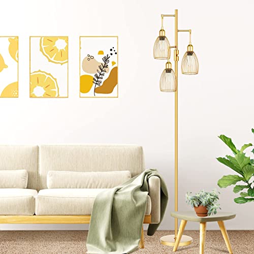Dimmable Industrial Floor Lamps for Living Room, Gold Tree Standing Tall Lamps with 3 Elegant Teardrop Cage Head & 800 Lumens LED Bulbs for Bedroom Office