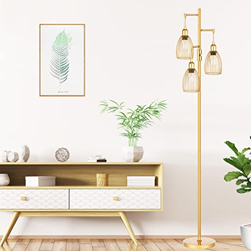 Dimmable Industrial Floor Lamps for Living Room, Gold Tree Standing Tall Lamps with 3 Elegant Teardrop Cage Head & 800 Lumens LED Bulbs for Bedroom Office