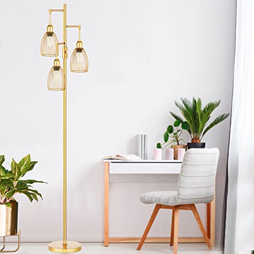 Dimmable Industrial Floor Lamps for Living Room, Gold Tree Standing Tall Lamps with 3 Elegant Teardrop Cage Head & 800 Lumens LED Bulbs for Bedroom Office