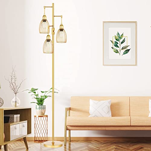 Dimmable Industrial Floor Lamps for Living Room, Gold Tree Standing Tall Lamps with 3 Elegant Teardrop Cage Head & 800 Lumens LED Bulbs for Bedroom Office