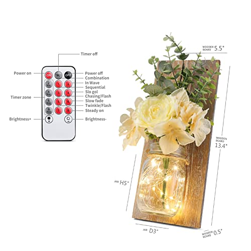 HOMKO Rustic Wall Decor, Mason Jars Wall Sconces, with Remote Control LED Lights and Flowers, Hanging Rural Farmhouse Kitchen Bathroom Bedroom Living Room Home Decor (Set of 2) -Rustic Brown