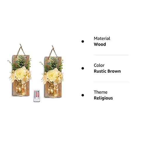 HOMKO Rustic Wall Decor, Mason Jars Wall Sconces, with Remote Control LED Lights and Flowers, Hanging Rural Farmhouse Kitchen Bathroom Bedroom Living Room Home Decor (Set of 2) -Rustic Brown