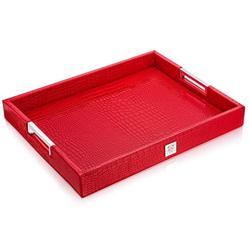COZY GATHERINGS Leather Decorative Tray Glossy Red Crocodile Alligator with Shiny Metal Handles Storage Serving Trays for Coffee Table, Dinning, Kitchen, Ottoman, Living Room & Modern Home Décor